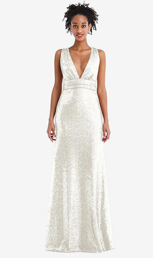 Front View - Ivory Open-Neck Criss Cross Back Sequin Maxi Dress