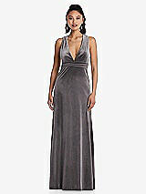Front View Thumbnail - Caviar Gray Plunging Neckline Velvet Maxi Dress with Criss Cross Open-Back