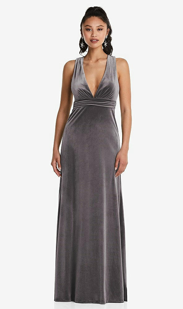 Front View - Caviar Gray Plunging Neckline Velvet Maxi Dress with Criss Cross Open-Back