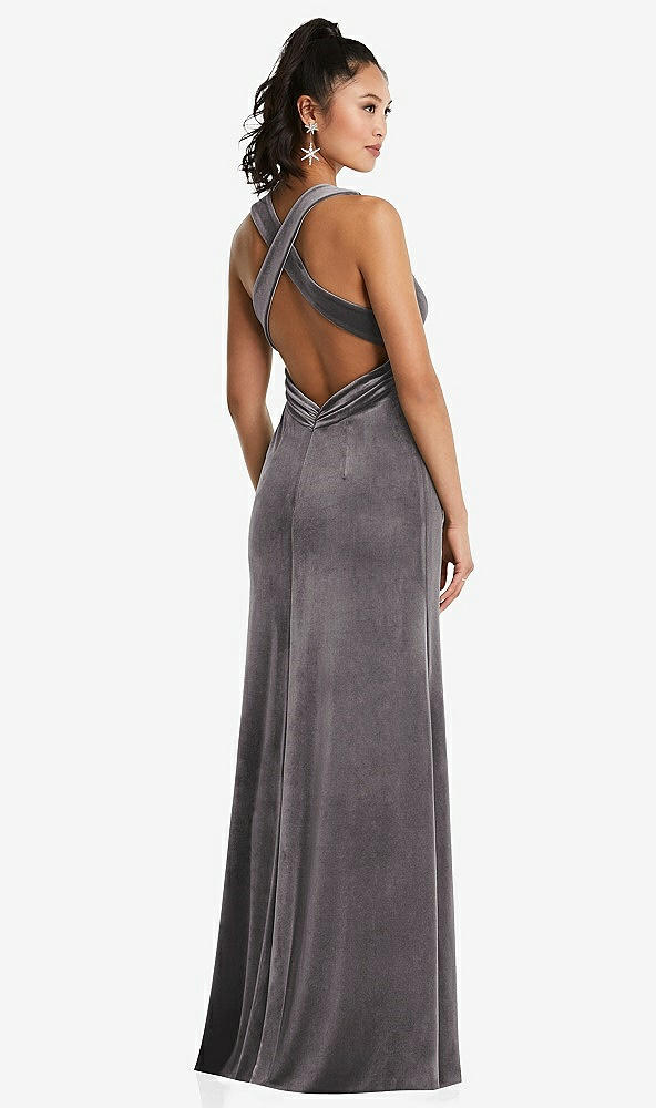 Back View - Caviar Gray Plunging Neckline Velvet Maxi Dress with Criss Cross Open-Back