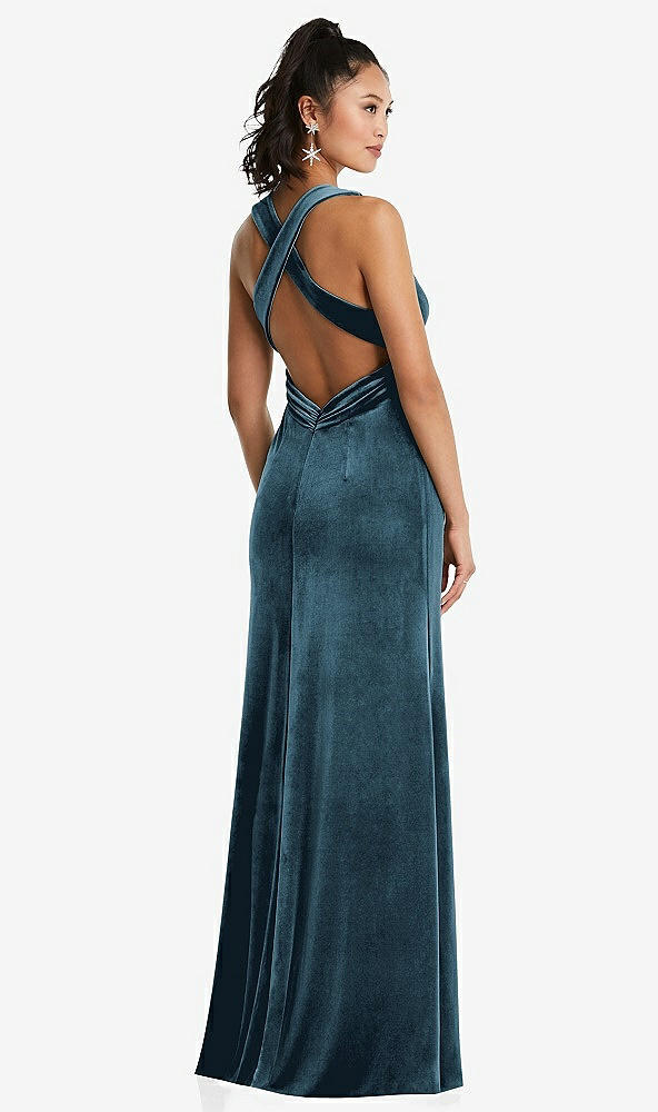 Back View - Dutch Blue Plunging Neckline Velvet Maxi Dress with Criss Cross Open-Back