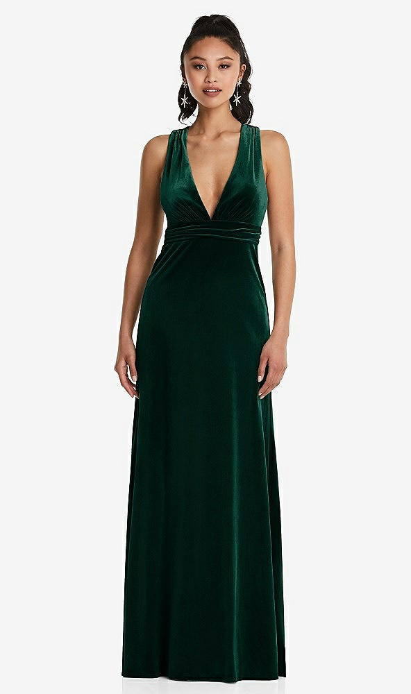 Front View - Evergreen Plunging Neckline Velvet Maxi Dress with Criss Cross Open-Back