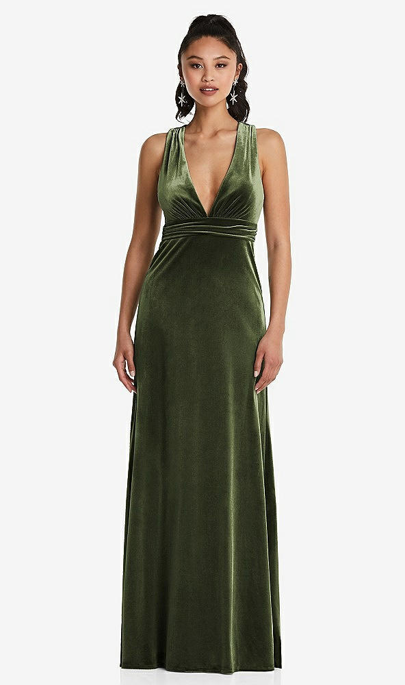 Front View - Olive Green Plunging Neckline Velvet Maxi Dress with Criss Cross Open-Back