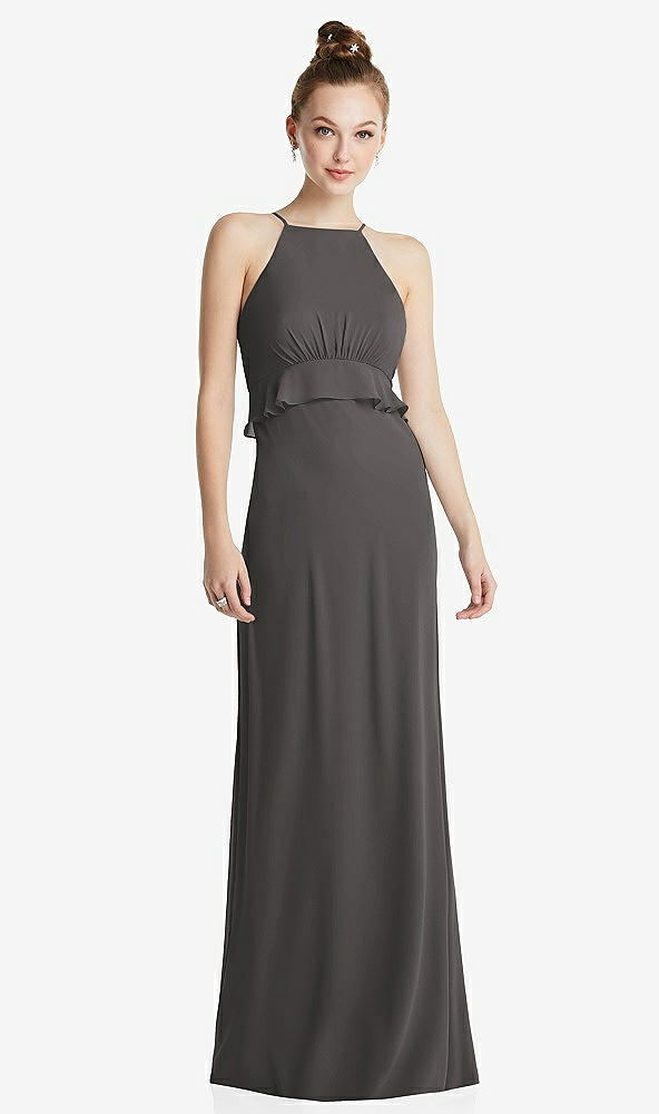 Front View - Caviar Gray Bias Ruffle Empire Waist Halter Maxi Dress with Adjustable Straps