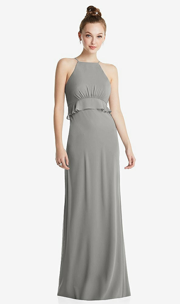 Front View - Chelsea Gray Bias Ruffle Empire Waist Halter Maxi Dress with Adjustable Straps