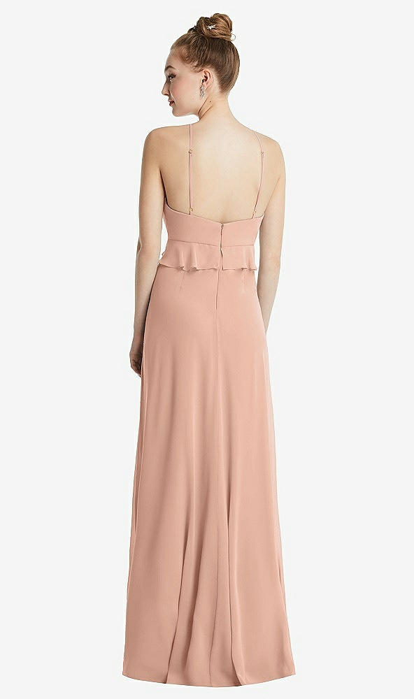 Back View - Pale Peach Bias Ruffle Empire Waist Halter Maxi Dress with Adjustable Straps