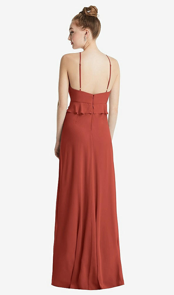 Back View - Amber Sunset Bias Ruffle Empire Waist Halter Maxi Dress with Adjustable Straps