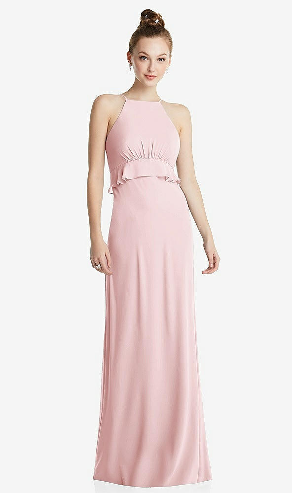 Front View - Ballet Pink Bias Ruffle Empire Waist Halter Maxi Dress with Adjustable Straps