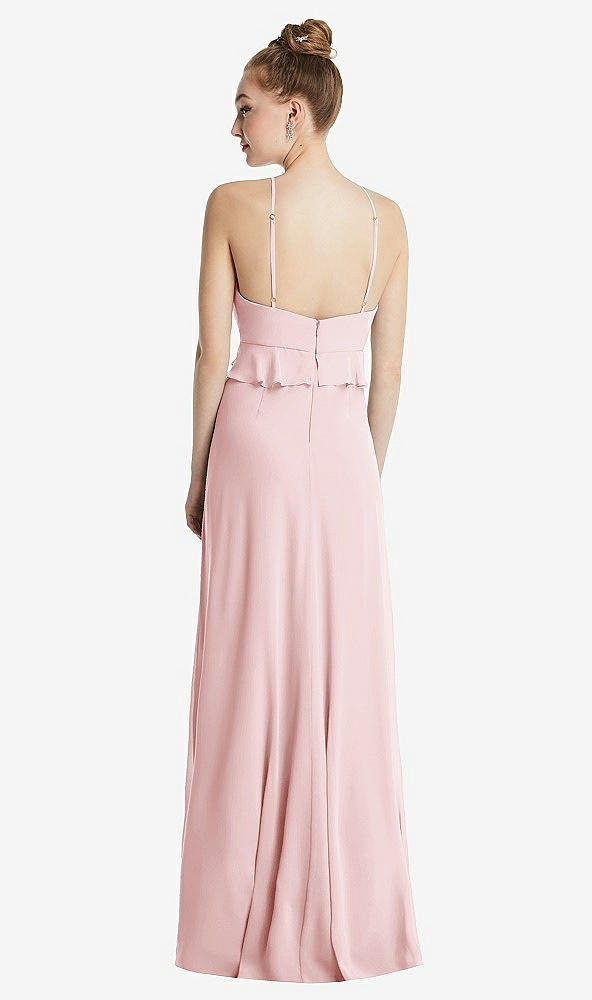 Back View - Ballet Pink Bias Ruffle Empire Waist Halter Maxi Dress with Adjustable Straps