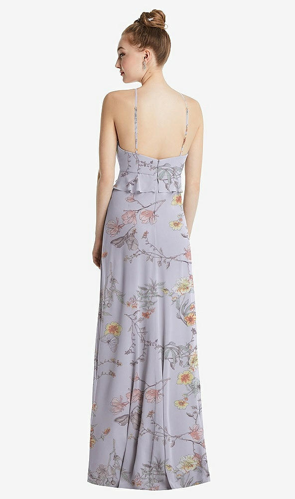 Back View - Butterfly Botanica Silver Dove Bias Ruffle Empire Waist Halter Maxi Dress with Adjustable Straps