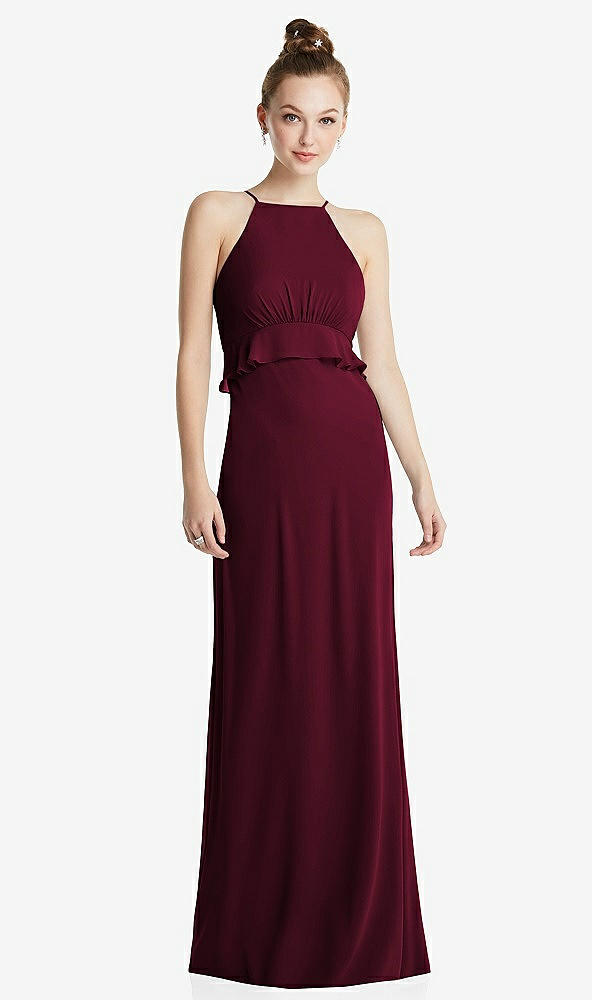 Front View - Cabernet Bias Ruffle Empire Waist Halter Maxi Dress with Adjustable Straps