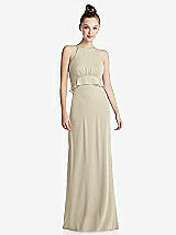 Front View Thumbnail - Champagne Bias Ruffle Empire Waist Halter Maxi Dress with Adjustable Straps