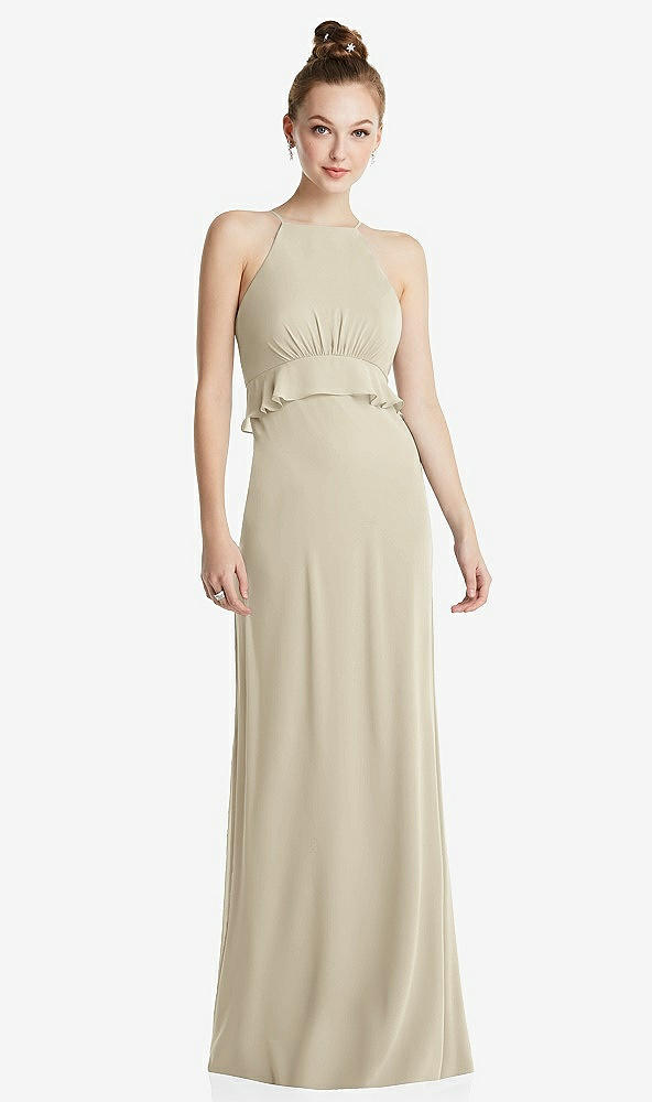 Front View - Champagne Bias Ruffle Empire Waist Halter Maxi Dress with Adjustable Straps