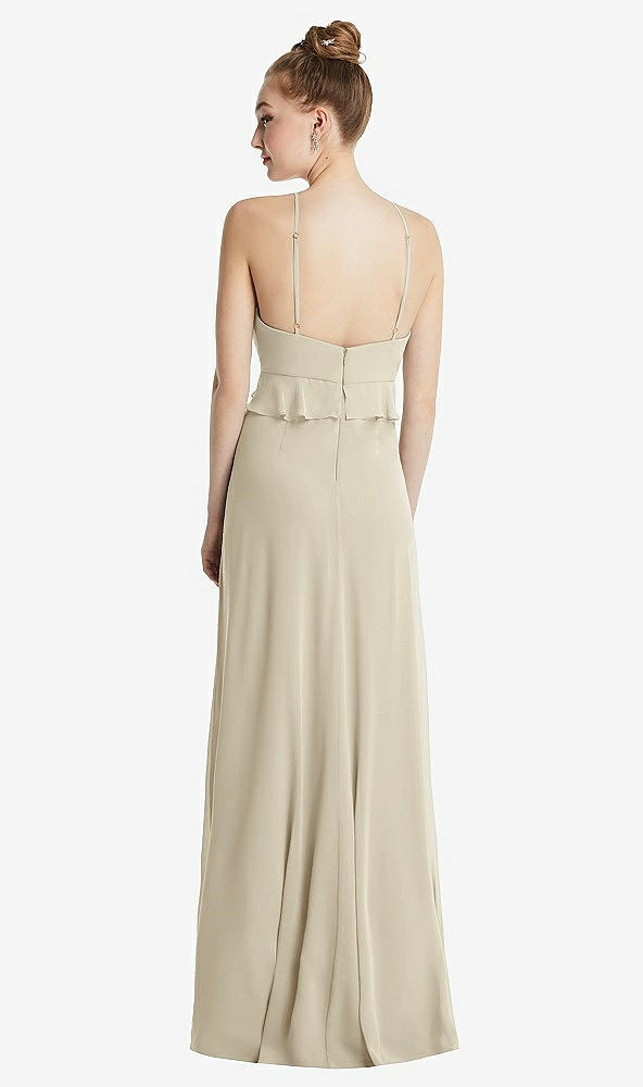 Back View - Champagne Bias Ruffle Empire Waist Halter Maxi Dress with Adjustable Straps