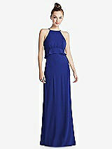 Front View Thumbnail - Cobalt Blue Bias Ruffle Empire Waist Halter Maxi Dress with Adjustable Straps