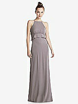 Front View Thumbnail - Cashmere Gray Bias Ruffle Empire Waist Halter Maxi Dress with Adjustable Straps