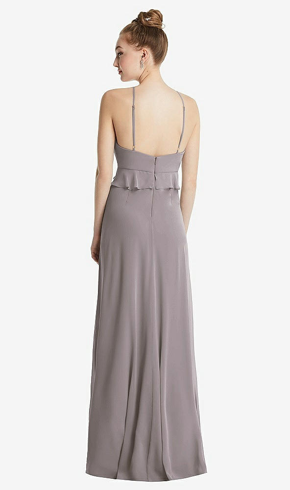 Back View - Cashmere Gray Bias Ruffle Empire Waist Halter Maxi Dress with Adjustable Straps