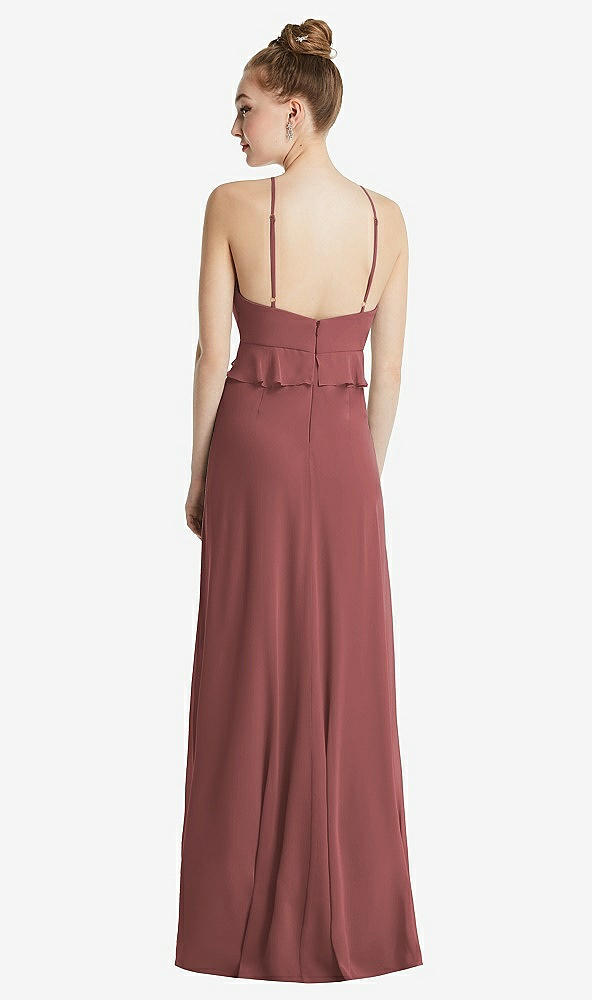 Back View - English Rose Bias Ruffle Empire Waist Halter Maxi Dress with Adjustable Straps
