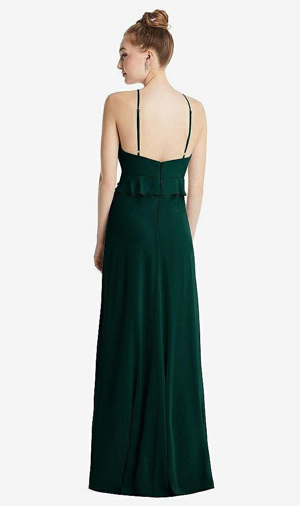 Back View - Evergreen Bias Ruffle Empire Waist Halter Maxi Dress with Adjustable Straps