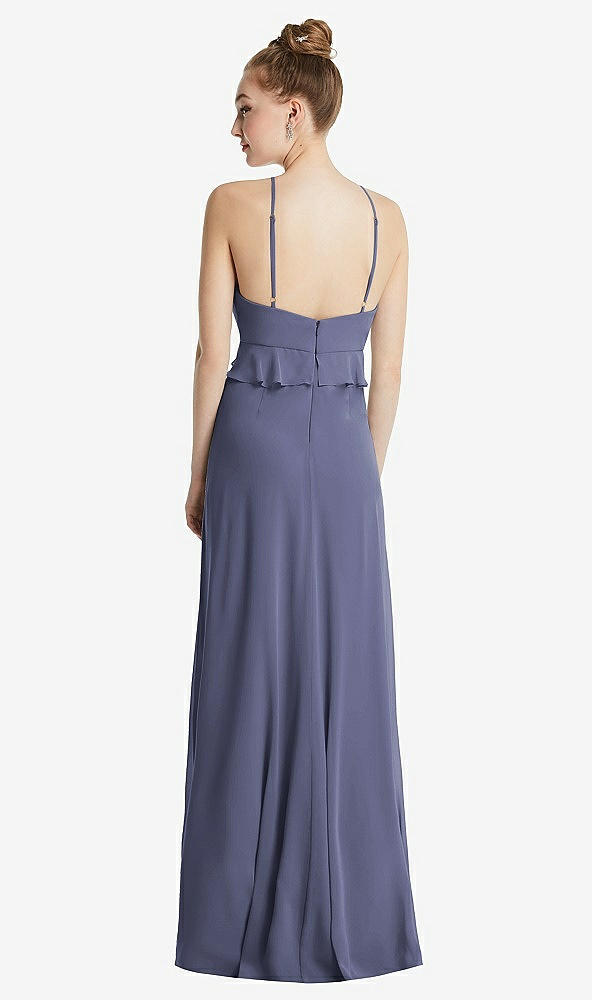 Back View - French Blue Bias Ruffle Empire Waist Halter Maxi Dress with Adjustable Straps