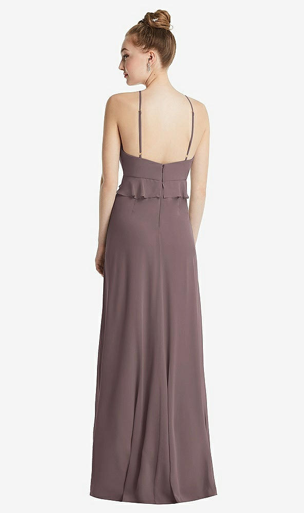 Back View - French Truffle Bias Ruffle Empire Waist Halter Maxi Dress with Adjustable Straps