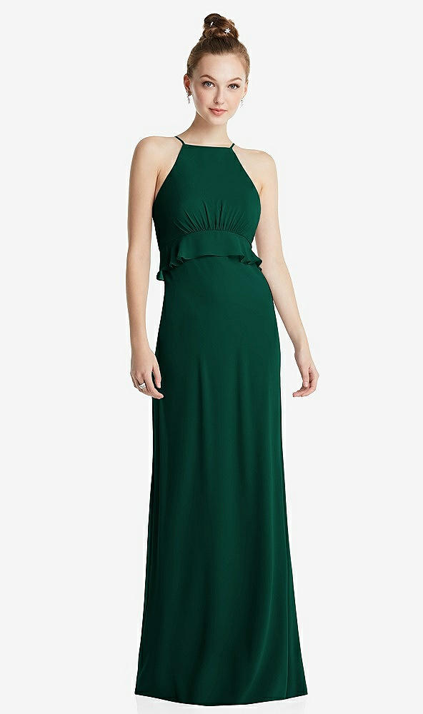 Front View - Hunter Green Bias Ruffle Empire Waist Halter Maxi Dress with Adjustable Straps