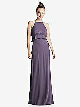Front View Thumbnail - Lavender Bias Ruffle Empire Waist Halter Maxi Dress with Adjustable Straps