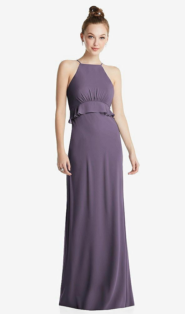 Front View - Lavender Bias Ruffle Empire Waist Halter Maxi Dress with Adjustable Straps