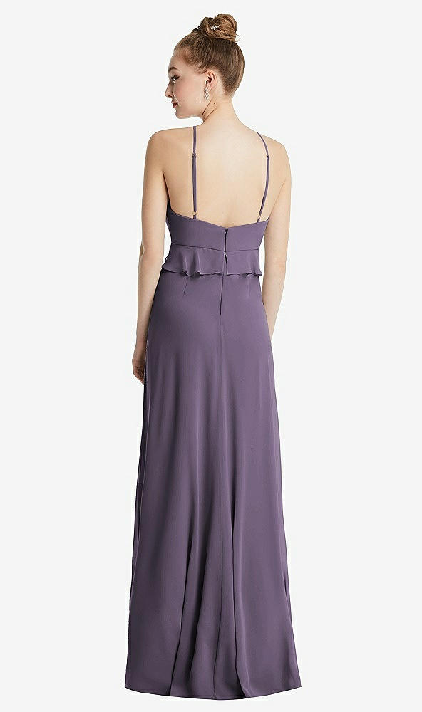 Back View - Lavender Bias Ruffle Empire Waist Halter Maxi Dress with Adjustable Straps