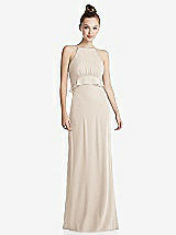 Front View Thumbnail - Oat Bias Ruffle Empire Waist Halter Maxi Dress with Adjustable Straps