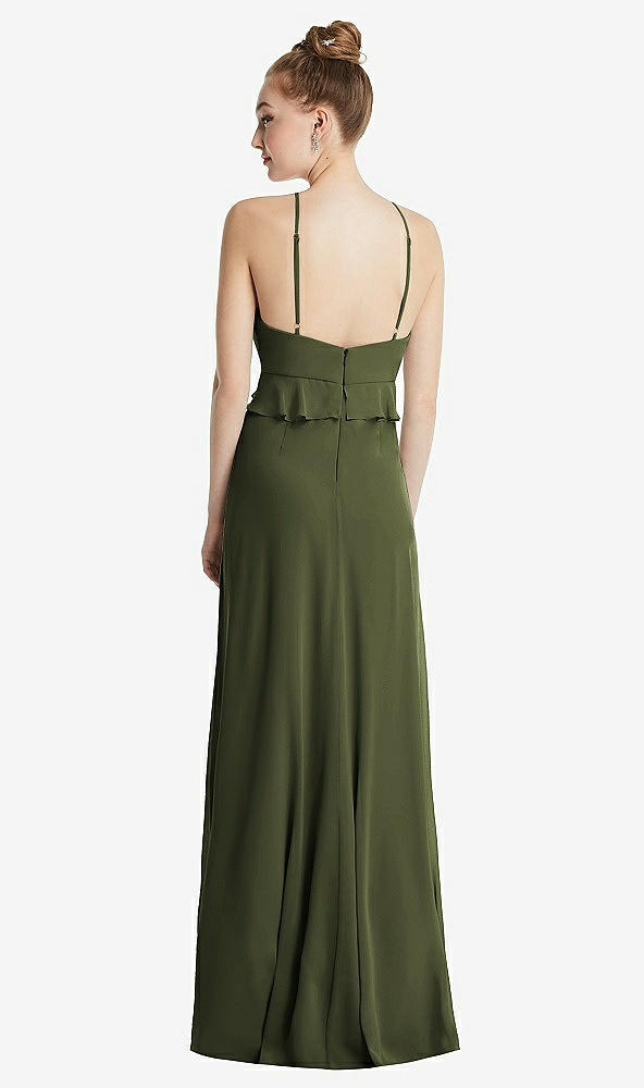Back View - Olive Green Bias Ruffle Empire Waist Halter Maxi Dress with Adjustable Straps