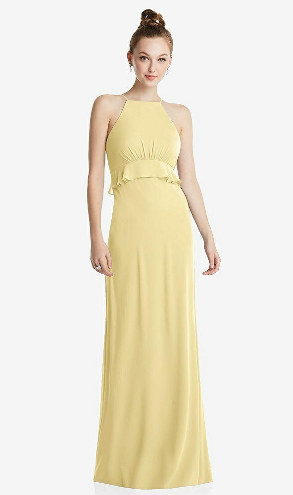 Front View - Pale Yellow Bias Ruffle Empire Waist Halter Maxi Dress with Adjustable Straps