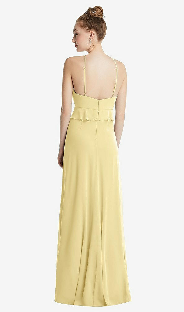 Back View - Pale Yellow Bias Ruffle Empire Waist Halter Maxi Dress with Adjustable Straps
