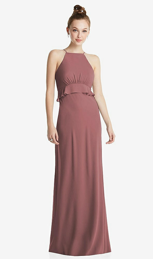 Front View - Rosewood Bias Ruffle Empire Waist Halter Maxi Dress with Adjustable Straps