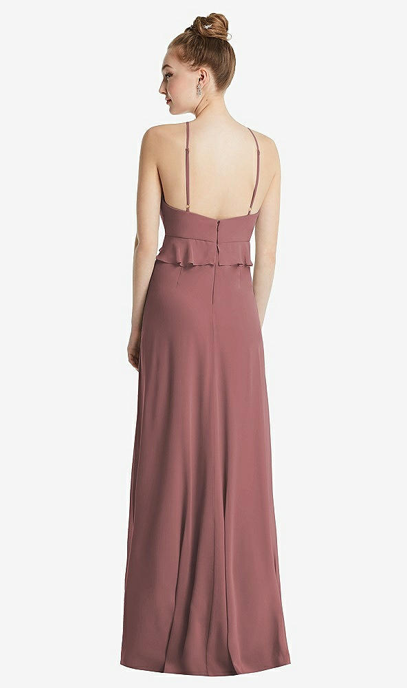 Back View - Rosewood Bias Ruffle Empire Waist Halter Maxi Dress with Adjustable Straps
