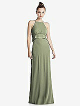 Front View Thumbnail - Sage Bias Ruffle Empire Waist Halter Maxi Dress with Adjustable Straps