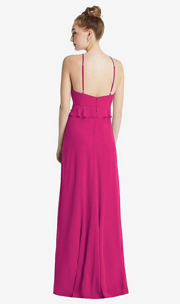 Back View - Think Pink Bias Ruffle Empire Waist Halter Maxi Dress with Adjustable Straps