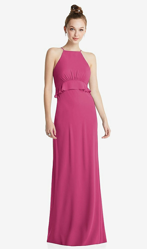 Front View - Tea Rose Bias Ruffle Empire Waist Halter Maxi Dress with Adjustable Straps