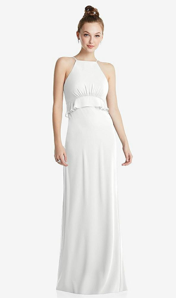 Front View - White Bias Ruffle Empire Waist Halter Maxi Dress with Adjustable Straps