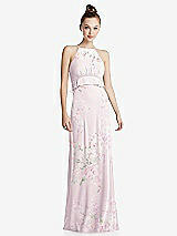 Front View Thumbnail - Watercolor Print Bias Ruffle Empire Waist Halter Maxi Dress with Adjustable Straps