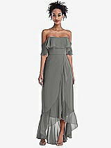 Front View Thumbnail - Charcoal Gray Off-the-Shoulder Ruffled High Low Maxi Dress