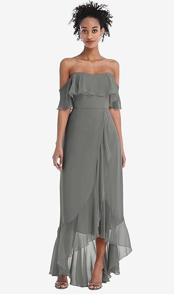 Front View - Charcoal Gray Off-the-Shoulder Ruffled High Low Maxi Dress