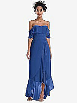Front View Thumbnail - Classic Blue Off-the-Shoulder Ruffled High Low Maxi Dress