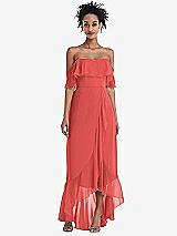 Front View Thumbnail - Perfect Coral Off-the-Shoulder Ruffled High Low Maxi Dress