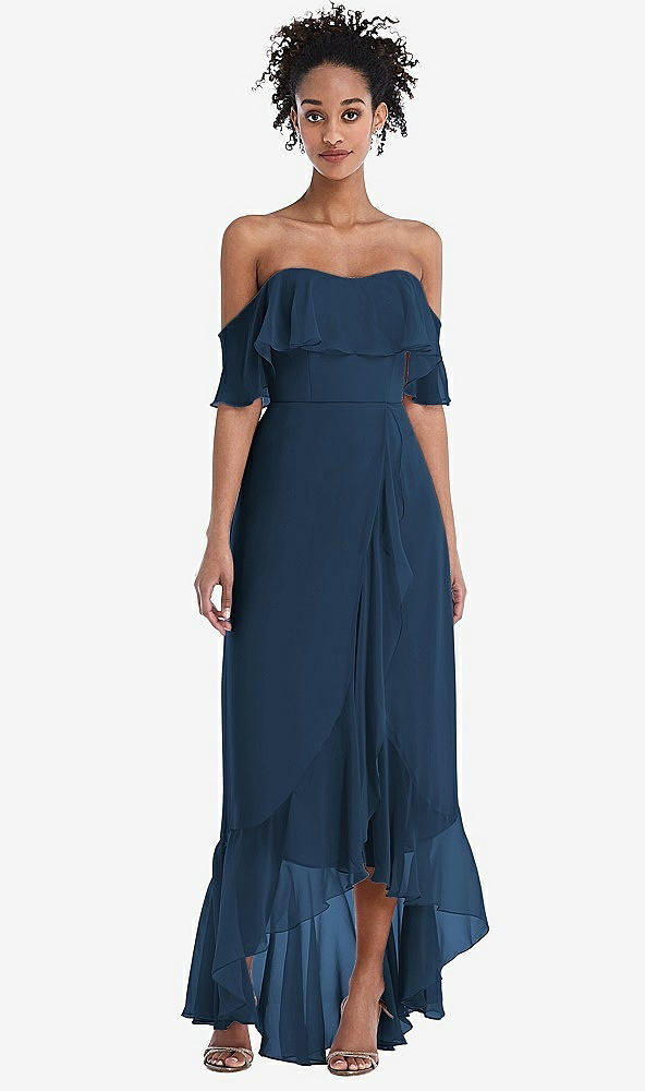 Front View - Sofia Blue Off-the-Shoulder Ruffled High Low Maxi Dress