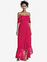 Front View Thumbnail - Vivid Pink Off-the-Shoulder Ruffled High Low Maxi Dress