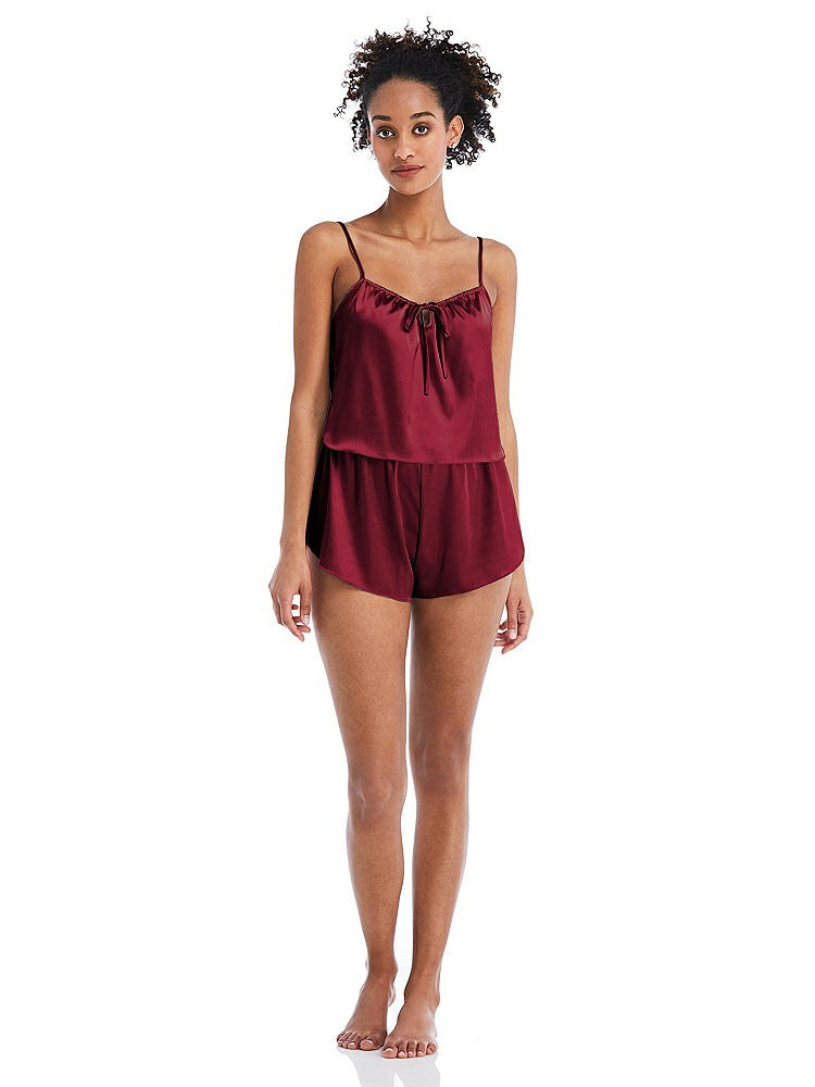 Front View - Burgundy Satin Lounge Shorts with Pockets - Kat