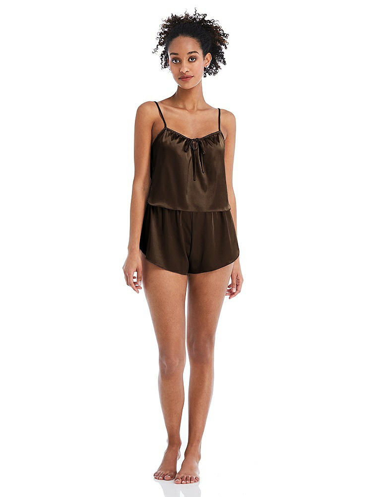 Front View - Espresso Satin Lounge Shorts with Pockets - Kat