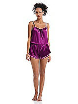 Front View Thumbnail - Persian Plum Satin Ruffle-Trimmed Lounge Shorts with Pockets - Cali