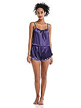 Front View Thumbnail - Regalia - PANTONE Ultra Violet Satin Ruffle-Trimmed Lounge Shorts with Pockets - Cali
